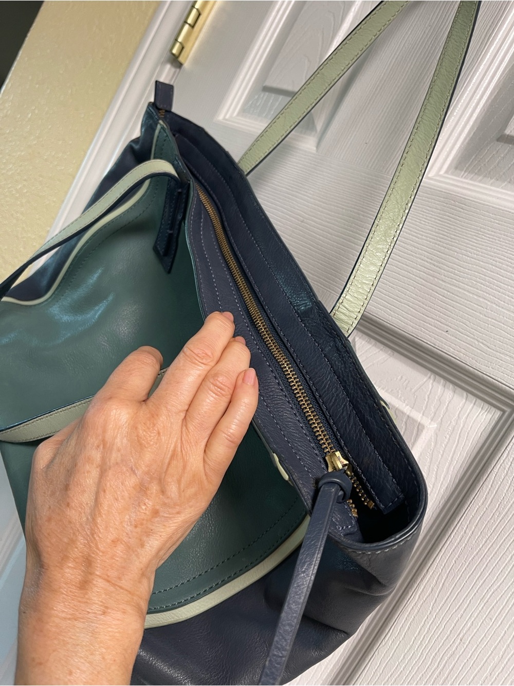 Fossil Green and Black Leather Tote with Cream Trim - Picture 11 of 15